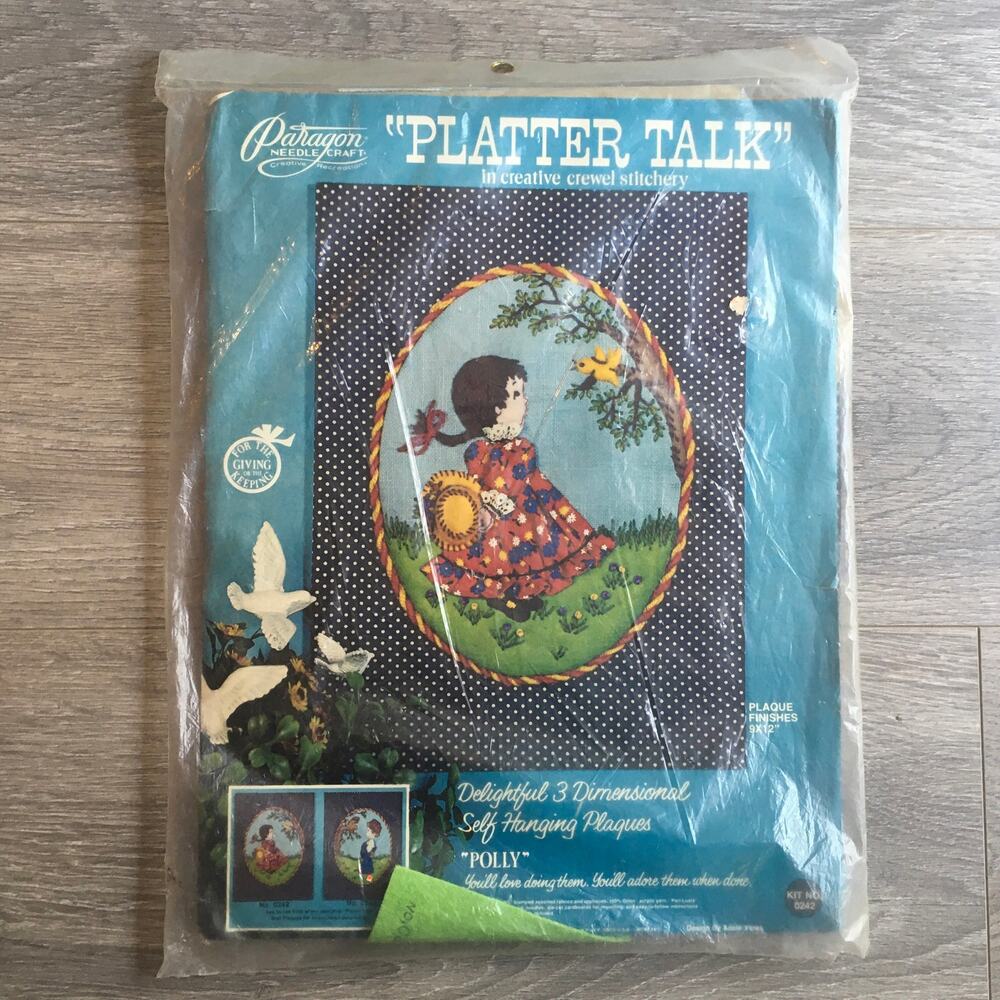 Vintage Paragon Platter Talk Polly Crewel Kit 1970s Embroidery Hanging Plaque